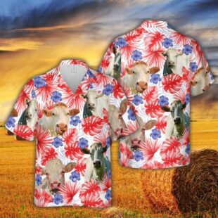 Farm Hawaiian Shirt, American Colors Charolais Cattle All Printed 3D Hawaiian Shirt For Men And Women, Cow Hawaiian Shirt