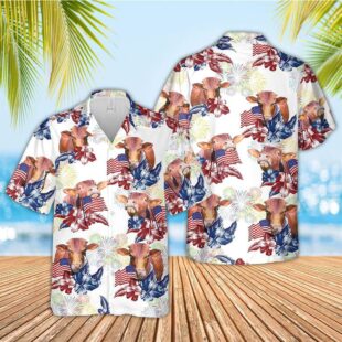 Farm Hawaiian Shirt, Beefmaster American Flowers And Flag Pattern Hawaiian Shirt, Cow Hawaiian Shirt