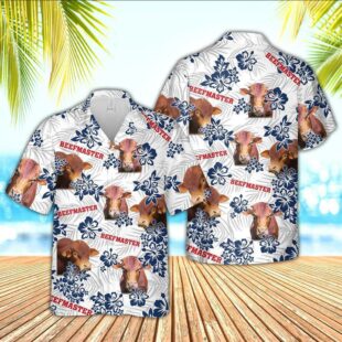 Farm Hawaiian Shirt, Beefmaster American White Flowers Pattern Hawaiian Shirt, Cow Hawaiian Shirt