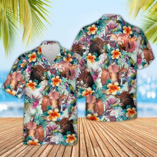 Farm Hawaiian Shirt, Beefmaster Colorful Leaf Pattern Hawaiian Shirt, Cow Hawaiian Shirt