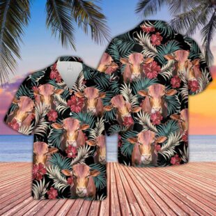 Farm Hawaiian Shirt, Beefmaster Dark Red Flowers Pattern Hawaiian Shirt, Cow Hawaiian Shirt