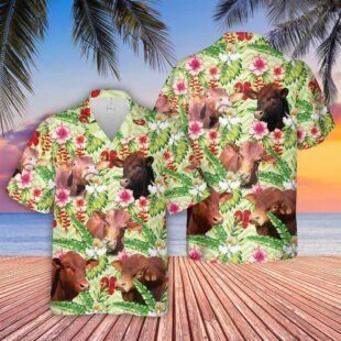 Farm Hawaiian Shirt, Beefmaster Hibicus Floral 3D Hawaiian Shirt, Cow Hawaiian Shirt