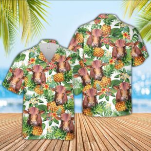 Farm Hawaiian Shirt, Beefmaster Pineapple Pattern 3D Hawaiian Shirt, Cow Hawaiian Shirt