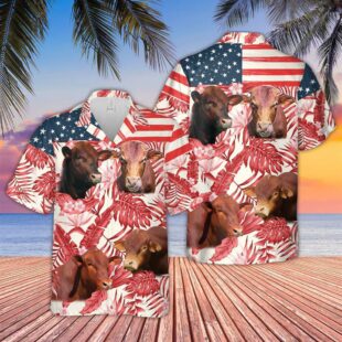 Farm Hawaiian Shirt, Beefmaster Red Floral Us Flag 3D Hawaiian Shirt, Cow Hawaiian Shirt