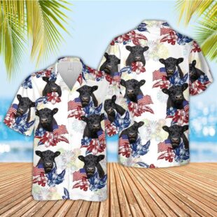 Farm Hawaiian Shirt, Belted Galloway American Flowers And Flag Pattern Hawaiian Shirt, Cow Hawaiian Shirt