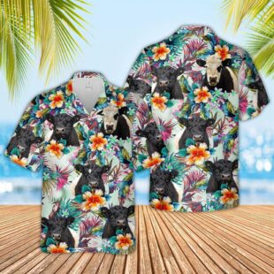 Farm Hawaiian Shirt, Belted Galloway Colorful Leaf Pattern Hawaiian Shirt, Cow Hawaiian Shirt