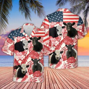 Farm Hawaiian Shirt, Belted Galloway Red Floral Us Flag 3D Hawaiian Shirt, Cow Hawaiian Shirt