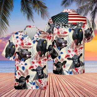 Farm Hawaiian Shirt, Black Angus American Flag Hawaiian Flowers All Over Printed 3D Hawaiian Shirt, Cow Hawaiian Shirt