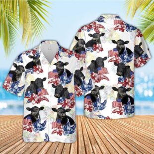 Farm Hawaiian Shirt, Black Angus American Flowers And Flag Pattern Hawaiian Shirt, Cow Hawaiian Shirt