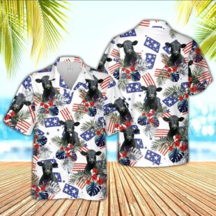 Farm Hawaiian Shirt, Black Angus American Little Flowers And Flag Pattern Hawaiian Shirt, Cow Hawaiian Shirt