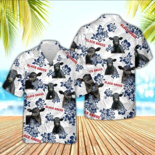 Farm Hawaiian Shirt, Black Angus American White Flowers Pattern Hawaiian Shirt, Cow Hawaiian Shirt