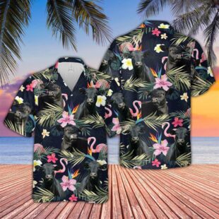 Farm Hawaiian Shirt, Black Angus And Flamingo Flower Pattern 3D Hawaiian Shirt, Cow Hawaiian Shirt