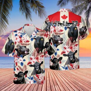 Farm Hawaiian Shirt, Black Angus Canada Flag Hawaiian Flowers All Over Printed 3D Hawaiian Shirt, Cow Hawaiian Shirt