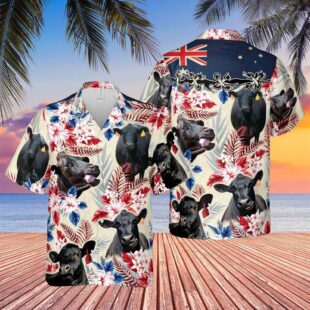 Farm Hawaiian Shirt, Black Angus Cattle Australia Flag Hawaiian Flowers Hawaiian Shirt, Cow Hawaiian Shirt