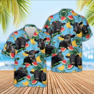 Farm Hawaiian Shirt, Black Angus Cattle Blue Tropical Fruits Pattern Hawaiian Shirt, Cow Hawaiian Shirt