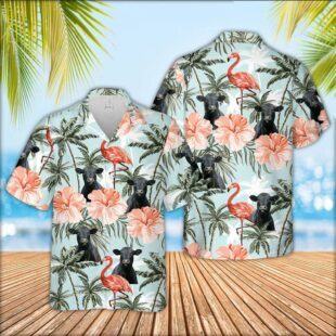 Farm Hawaiian Shirt, Black Angus Cattle Flamingo Light Bule Hawaiian Shirt, Cow Hawaiian Shirt