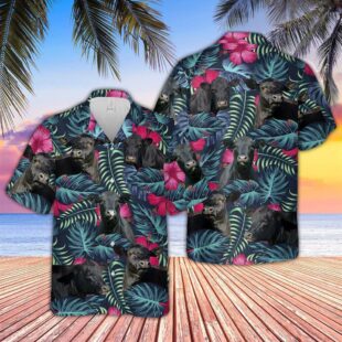 Farm Hawaiian Shirt, Black Angus Cattle Floral Tropical Leaves Pattern Hawaiian Shirt, Cow Hawaiian Shirt