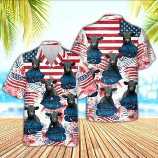 Farm Hawaiian Shirt, Black Angus Cattle Hibiscus Pattern Us Flag 3D Hawaiian Shirt, Cow Hawaiian Shirt