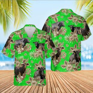 Farm Hawaiian Shirt, Black Angus Cattle Lovers Aloha Pattern Green All Over Printed 3D Hawaiian Shirt, Cow Hawaiian Shirt