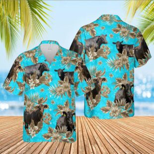 Farm Hawaiian Shirt, Black Angus Cattle Lovers Aloha Pattern Light Blue All Over Printed 3D Hawaiian Shirt, Cow Hawaiian Shirt