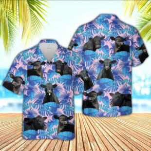 Farm Hawaiian Shirt, Black Angus Cattle Tropical Blue Palm Leaves Blue Hawaiian Shirt, Cow Hawaiian Shirt