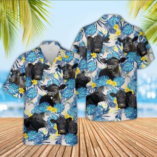 Farm Hawaiian Shirt, Black Angus Cattle Tropical Blue Palm Leaves Hawaiian Shirt, Cow Hawaiian Shirt