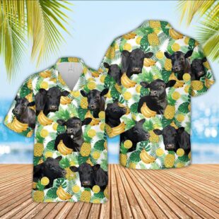 Farm Hawaiian Shirt, Black Angus Cattle White Tropical Fruits Pattern Hawaiian Shirt, Cow Hawaiian Shirt