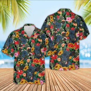 Farm Hawaiian Shirt, Black Angus Cow And Flower Drawing Hawaiian Shirt, Cow Hawaiian Shirt