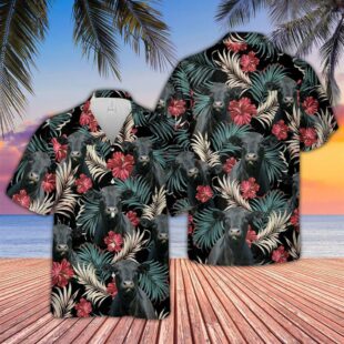 Farm Hawaiian Shirt, Black Angus Dark Red Flowers Pattern Hawaiian Shirt, Cow Hawaiian Shirt