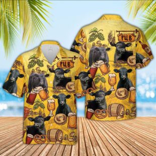 Farm Hawaiian Shirt, Black Angus Drink Beer Pattern 3D Hawaiian Shirt, Cow Hawaiian Shirt