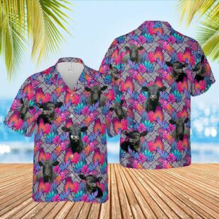 Farm Hawaiian Shirt, Black Angus Face Leaf Pattern 3D Hawaiian Shirt, Cow Hawaiian Shirt