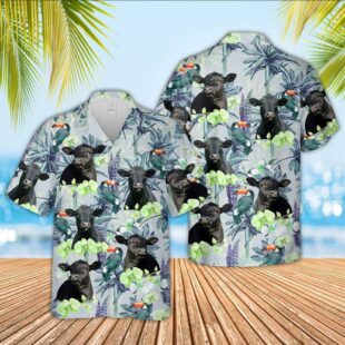 Farm Hawaiian Shirt, Black Angus Flower Pattern 3D Hawaiian Shirts, Cow Hawaiian Shirt