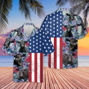 Farm Hawaiian Shirt, Black Angus Flower Pattern Us Flag 3D Hawaiian Shirt, Cow Hawaiian Shirt