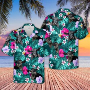 Farm Hawaiian Shirt, Black Angus Green Hibicus Tropical Pattern 3D Hawaiian Shirt, Cow Hawaiian Shirt