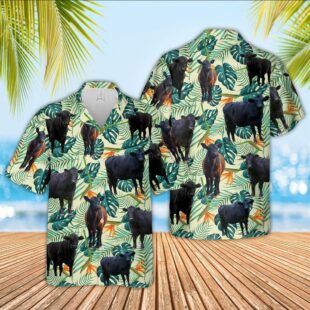 Farm Hawaiian Shirt, Black Angus Green Pattern 3D Hawaiian Shirt, Cow Hawaiian Shirt