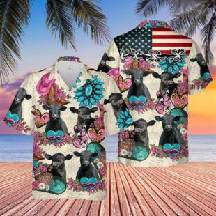 Farm Hawaiian Shirt, Black Angus Happiness Flowers 3D Hawaiian Shirt, Cow Hawaiian Shirt