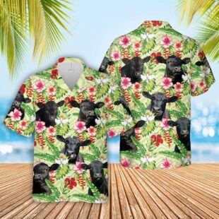 Farm Hawaiian Shirt, Black Angus Hibicus Floral 3D Hawaiian Shirt, Cow Hawaiian Shirt