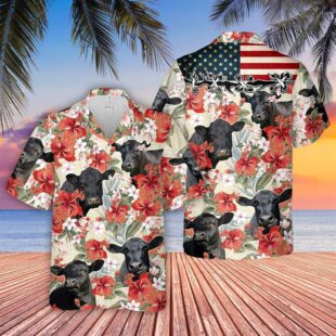 Farm Hawaiian Shirt, Black Angus Hibicus Floral Us Flag 3D Hawaiian Shirt, Cow Hawaiian Shirt