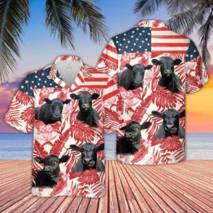 Farm Hawaiian Shirt, Black Angus Red Floral Us Flag 3D Hawaiian Shirt, Cow Hawaiian Shirt