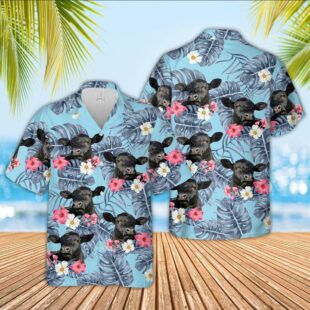 Farm Hawaiian Shirt, Black Angus Sierra Blue Pattern 3D Hawaiian Shirt, Cow Hawaiian Shirt