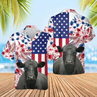 Farm Hawaiian Shirt, Black Angus Us Flag Flower 3D Hawaiian Shirt, Cow Hawaiian Shirt