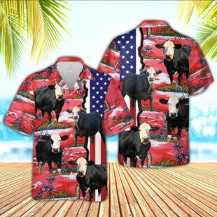 Farm Hawaiian Shirt, Black Baldy American Flag Farming 3D Hawaiian Shirt, Cow Hawaiian Shirt