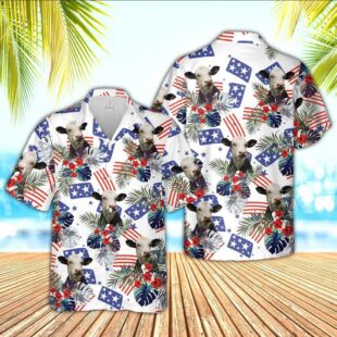 Farm Hawaiian Shirt, Black Baldy American Little Flowers And Flag Pattern Hawaiian Shirt, Cow Hawaiian Shirt