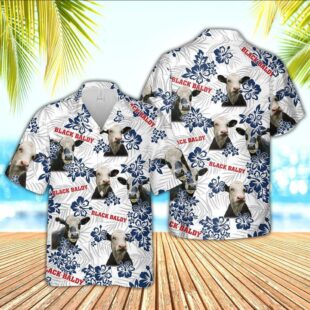 Farm Hawaiian Shirt, Black Baldy American White Flowers Pattern Hawaiian Shirt, Cow Hawaiian Shirt