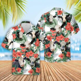 Farm Hawaiian Shirt, Black Baldy Cattle Hibucis Flower Pattern 3D Hawaiian Shirt, Cow Hawaiian Shirt