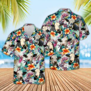 Farm Hawaiian Shirt, Black Baldy Colorful Leaf Pattern Hawaiian Shirt, Cow Hawaiian Shirt