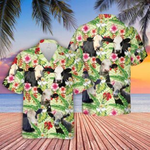 Farm Hawaiian Shirt, Black Baldy Hibicus Floral 3D Hawaiian Shirt, Cow Hawaiian Shirt