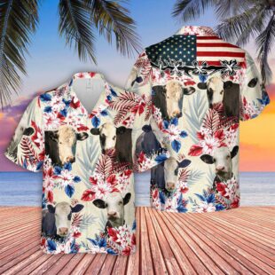 Farm Hawaiian Shirt, Black Baldy Pattern Us Flag Hawaiian Shirt, Cow Hawaiian Shirt