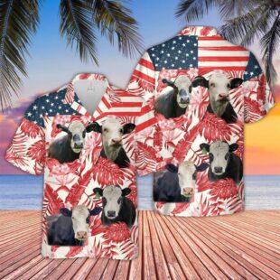 Farm Hawaiian Shirt, Black Baldy Red Floral Us Flag 3D Hawaiian Shirt, Cow Hawaiian Shirt